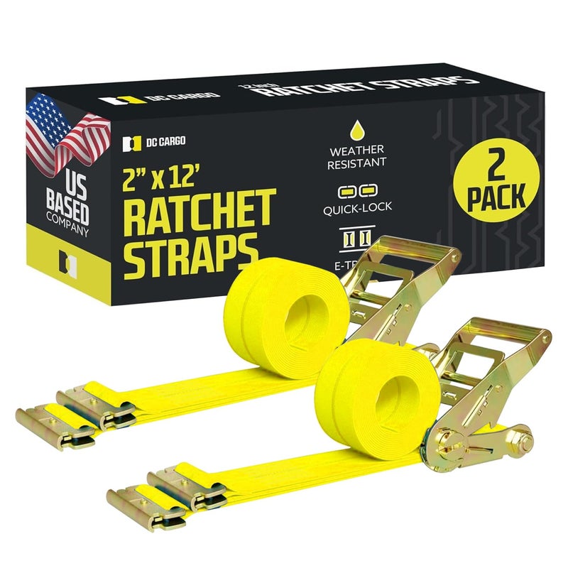 DC Cargo Mall E Track Ratchet Straps Cargo Tie-Downs, (Pack of 2) 2 x 12 Heavy Duty Yellow Tie-Down Rachet Straps, Strong Ratchet Strap, E Track Spring Fittings, Tie Down Motorcycle - Image 1